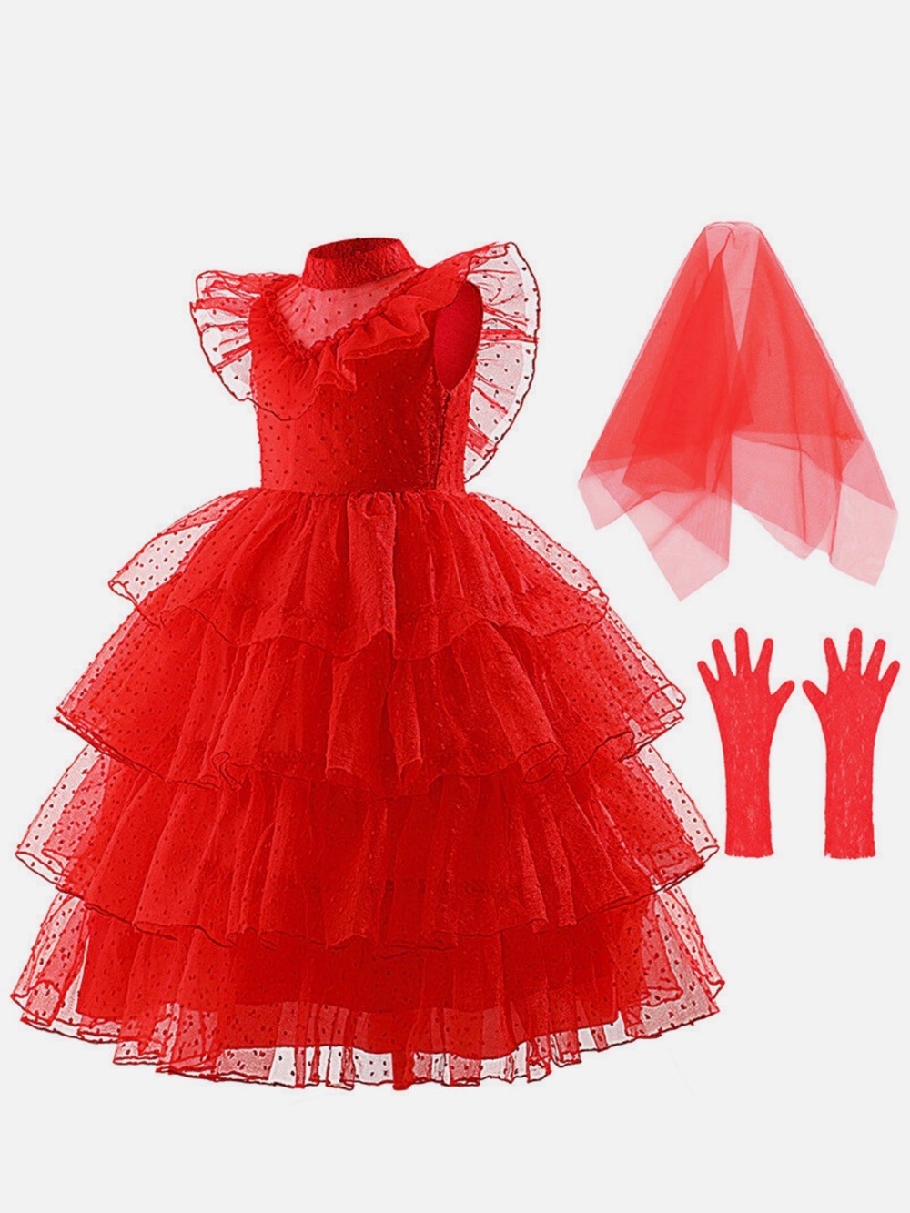 Red Ruffled Tulle Party Dress with Gloves and Veil